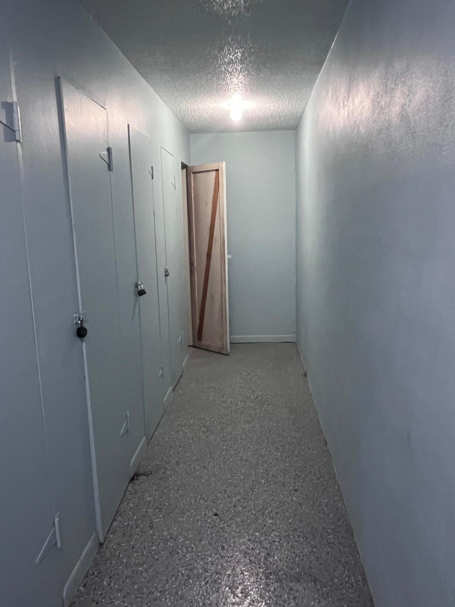 Narrow hallway with gray walls, speckled flooring, and a wooden door panel leaning at the far end.
