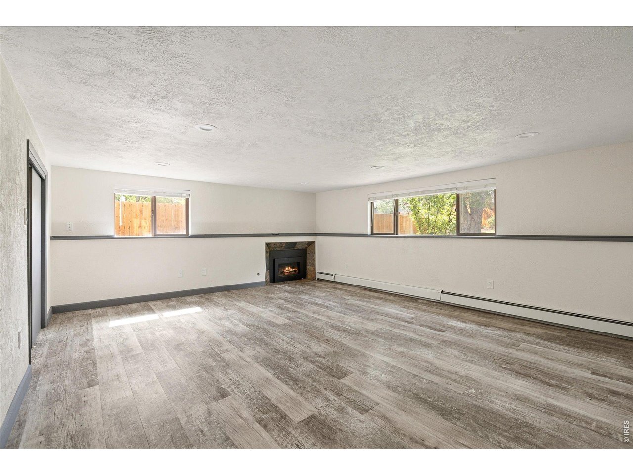 Vacant living room with gray plank flooring, a fireplace, and two backyard-facing windows.