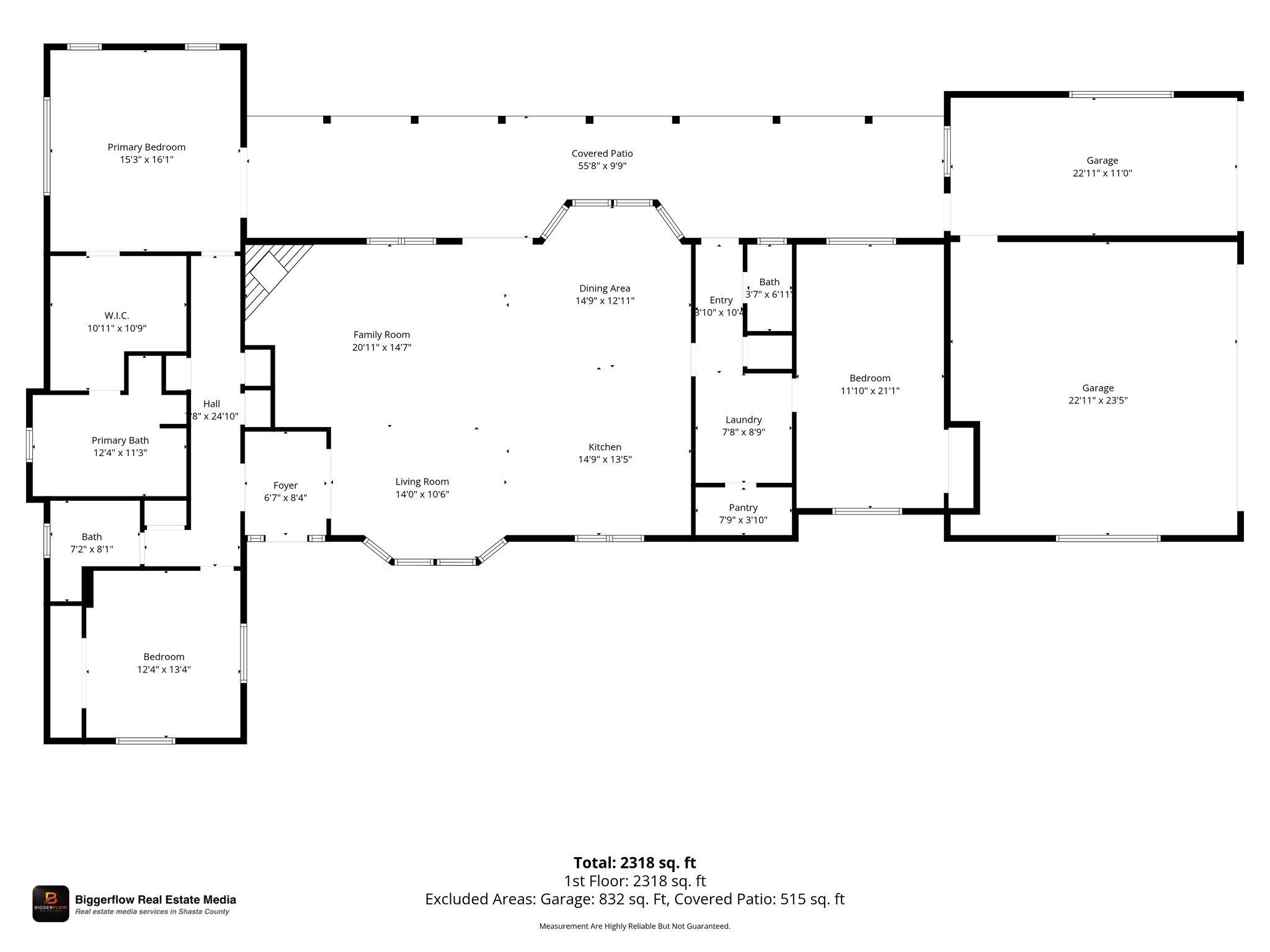 Floor plan for a single-story home with three bedrooms, two bathrooms, two garages, and a covered patio.