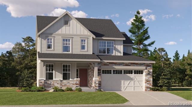Two-story gray house with a stone-accented facade, covered porch, and attached garage.