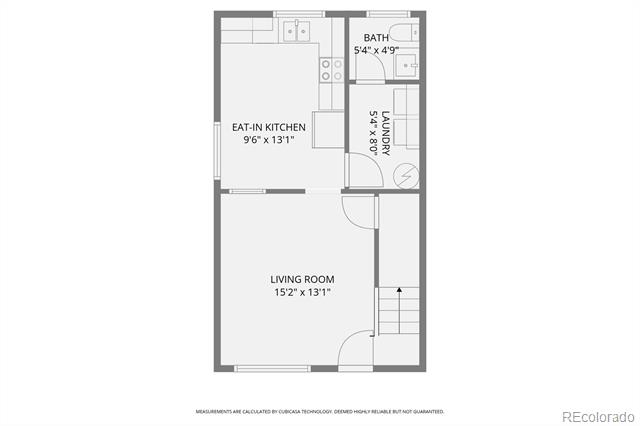 Floor plan showing an eat-in kitchen, bath, laundry room, living room, and stairs with labeled dimensions.