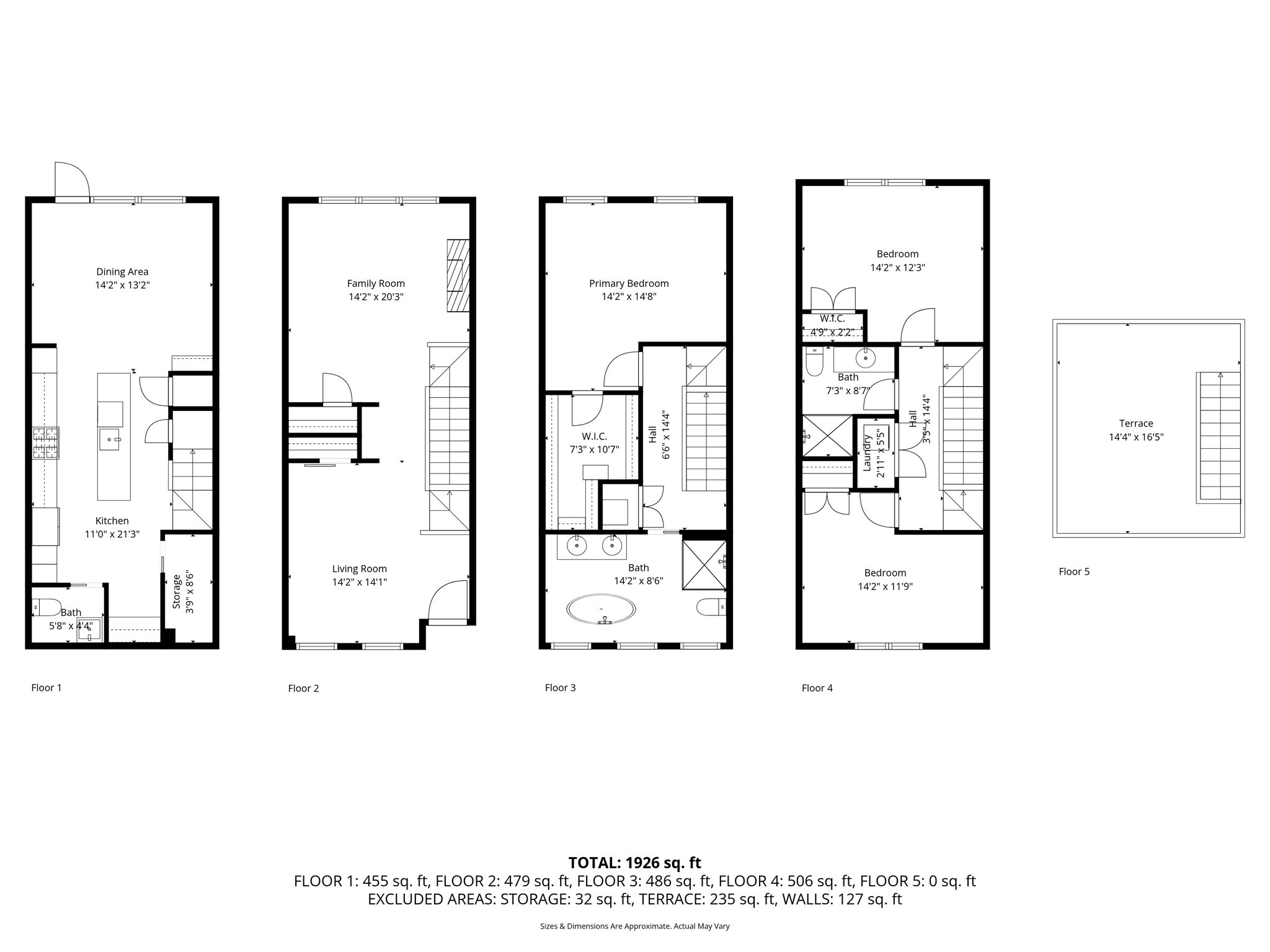 Five-level floor plan showing living areas, three bedrooms, bathrooms, and a rooftop terrace.