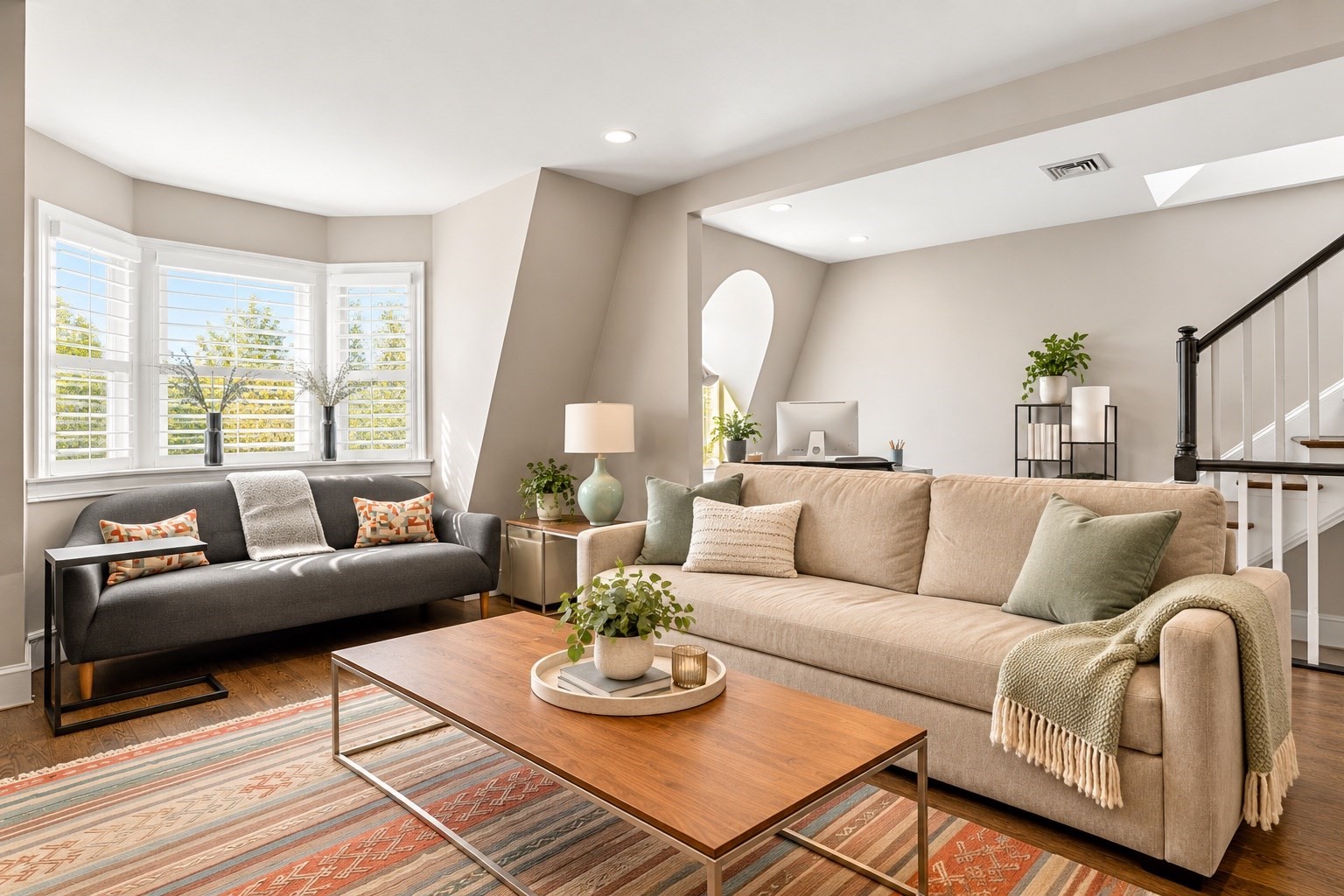 Living room with a beige sofa, dark loveseat, wooden coffee table, and sunny bay window.