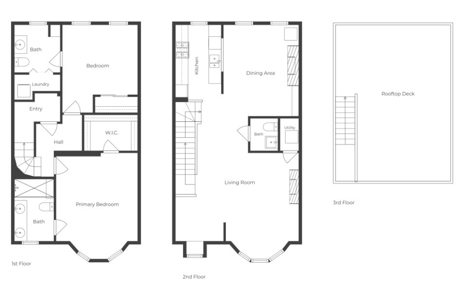 Three-level floor plan with two bedrooms, an open living area, and a rooftop deck.