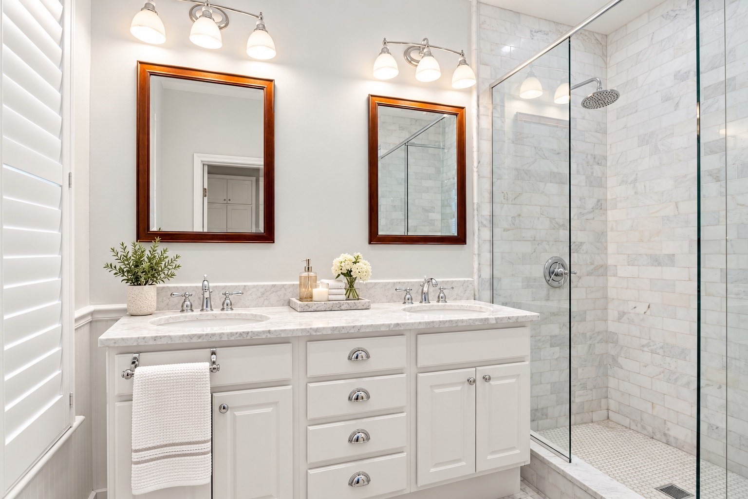 Bathroom with a marble double vanity and glass-enclosed marble shower.