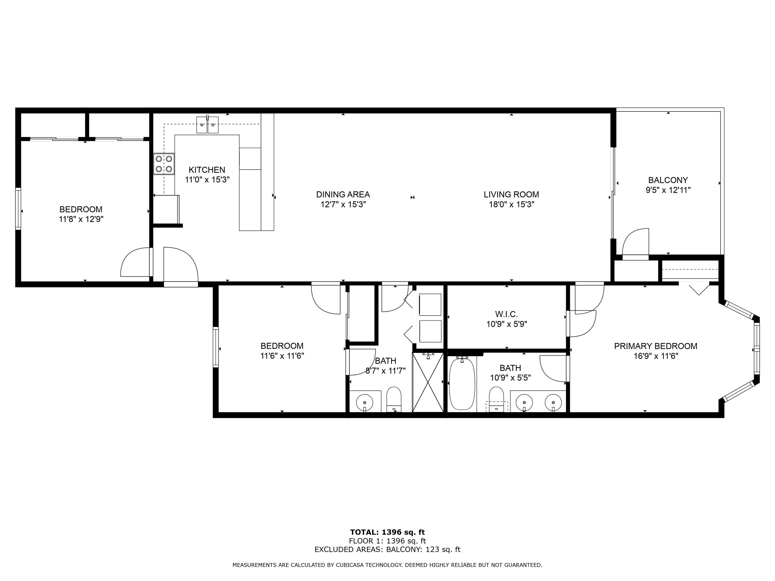 Three-bedroom condominium floor plan with labeled room dimensions and a balcony.