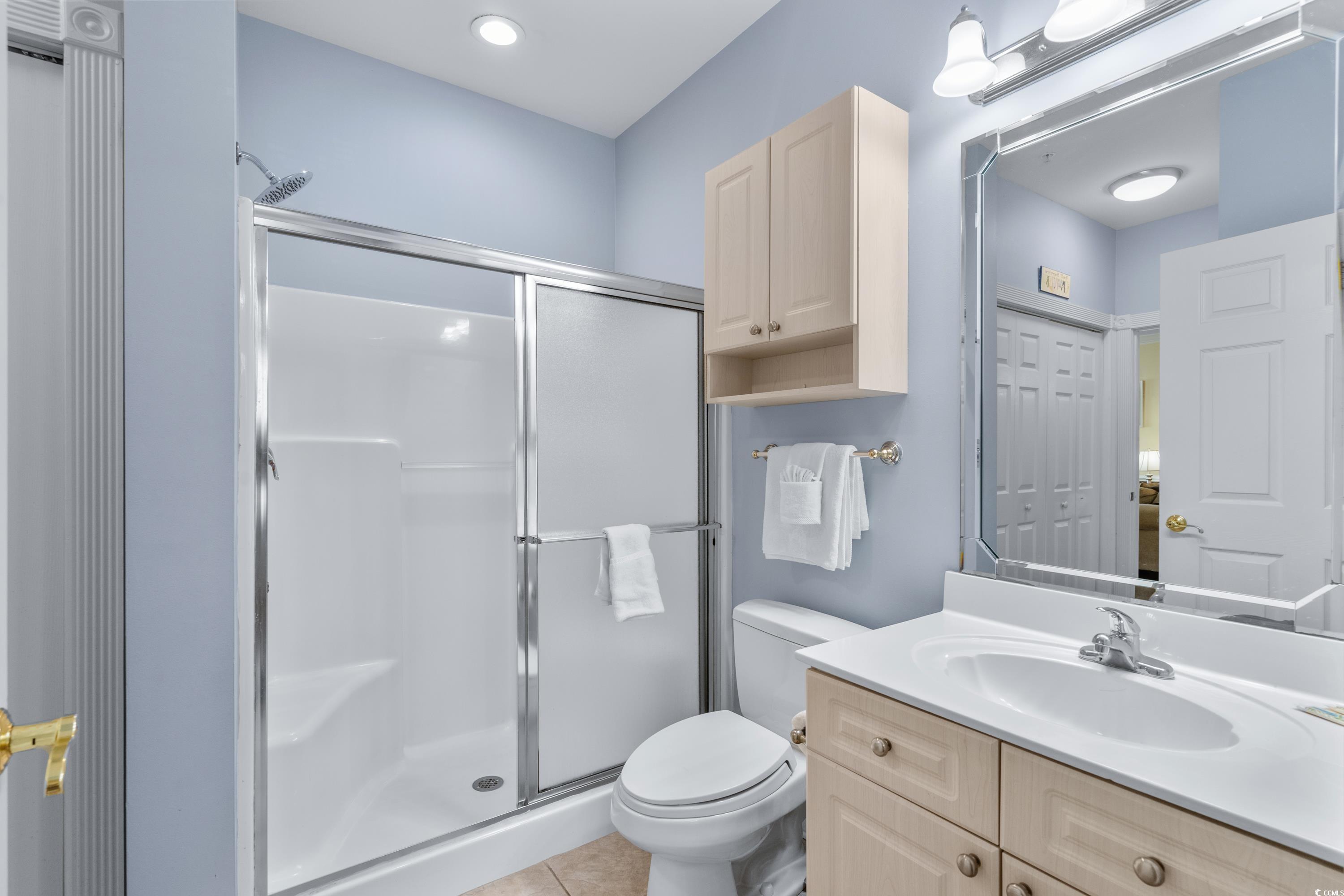 Bathroom with a white sliding-door shower, toilet, and light wood vanity.