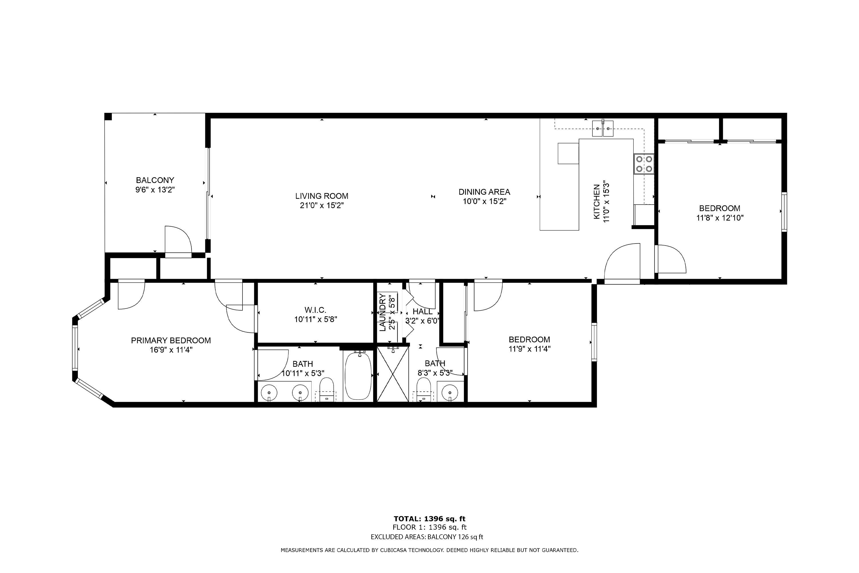 Floor plan of a three-bedroom, two-bathroom condo with a balcony and labeled room dimensions.