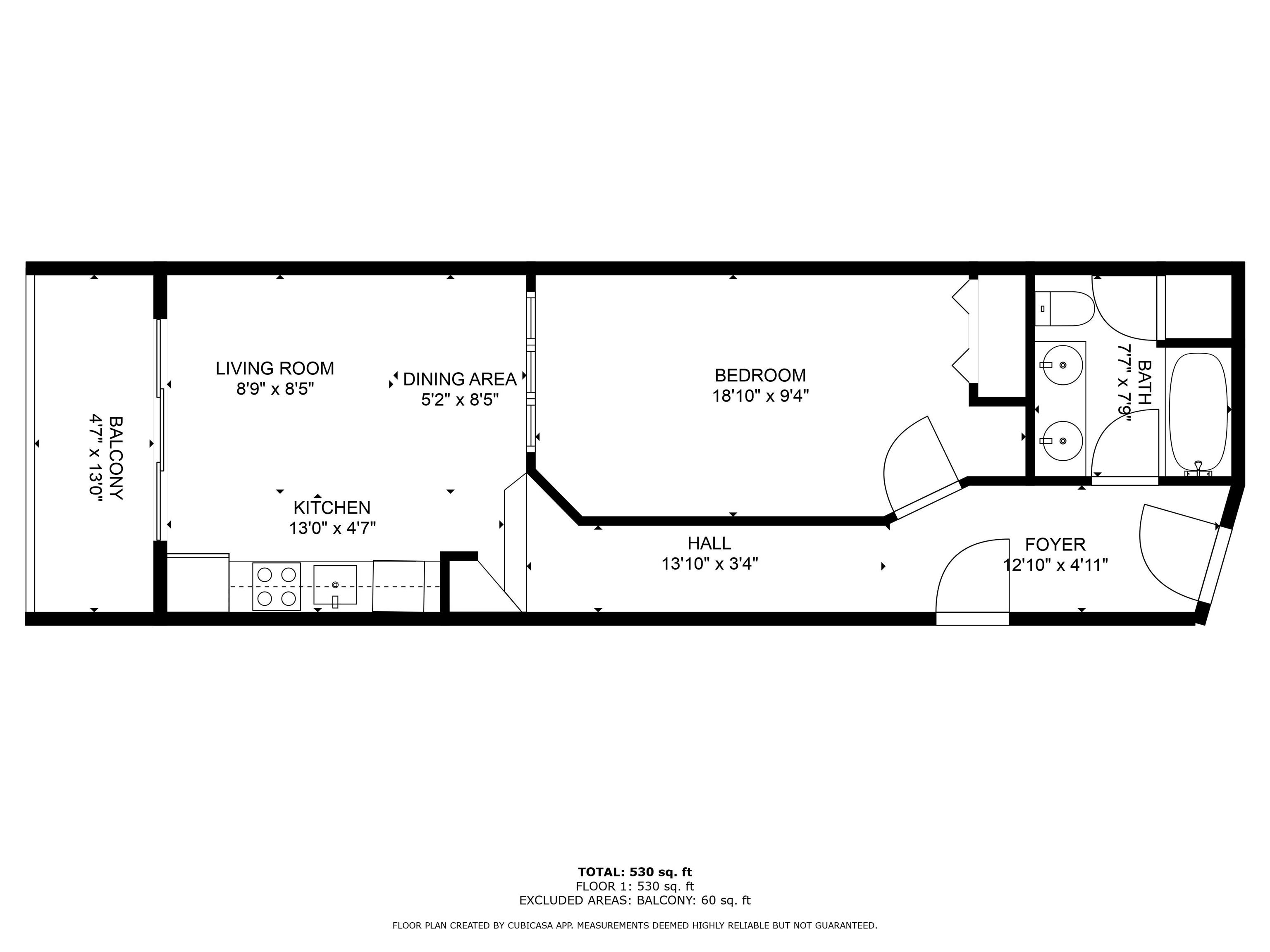 Condominium floor plan showing one bedroom, living and dining areas, kitchen, bathroom, and balcony; 530 square feet.