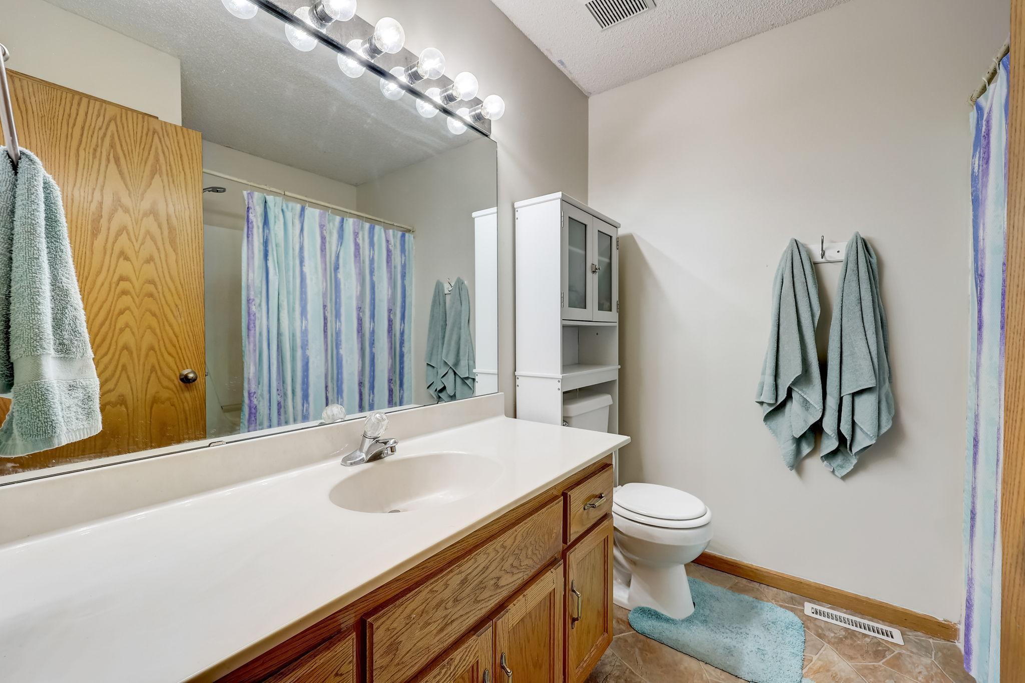 Bathroom with a wood vanity, large mirror, toilet, and striped shower curtain.
