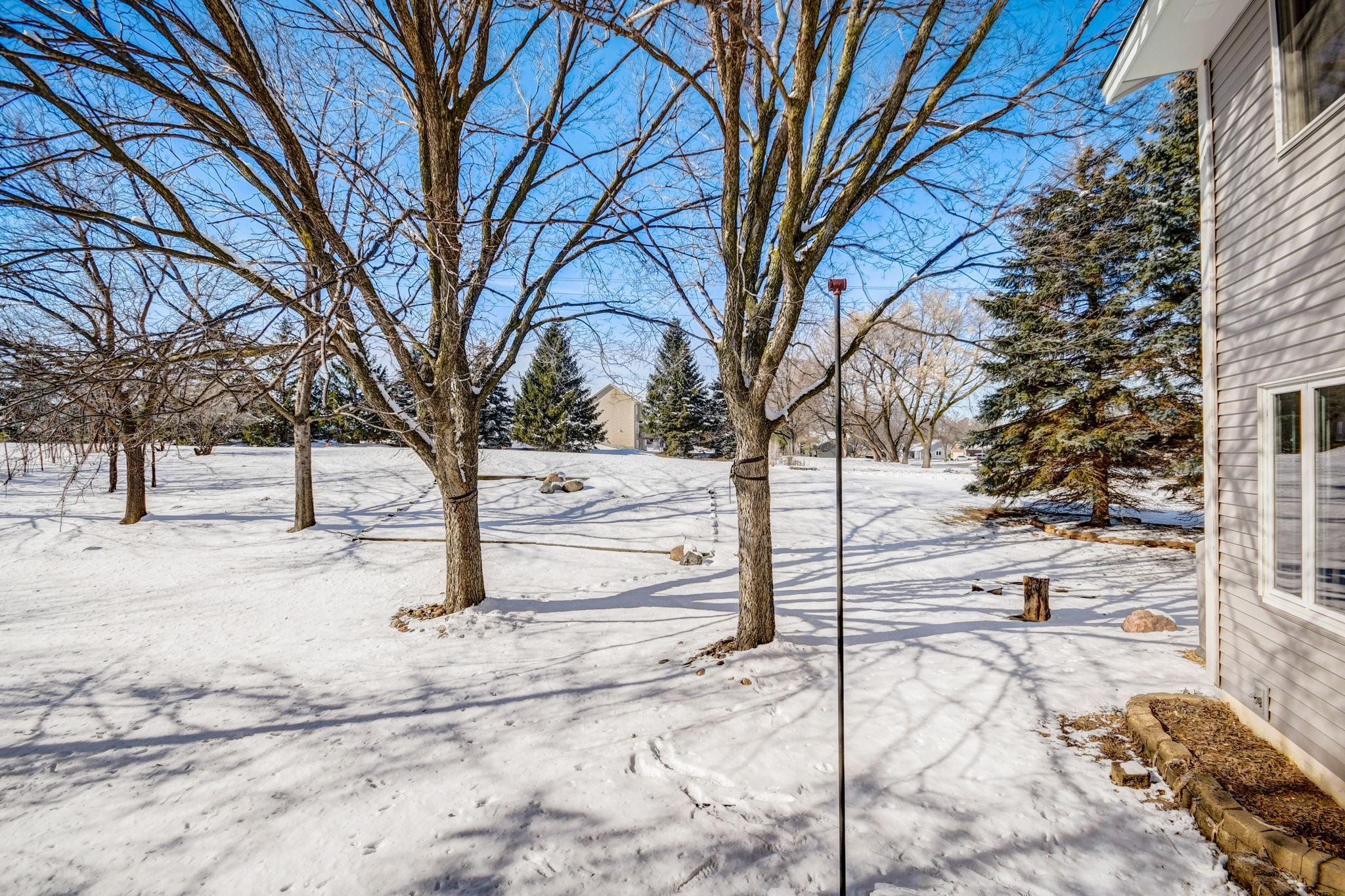Snowy backyard with mature trees and a stone fire pit beside the house.