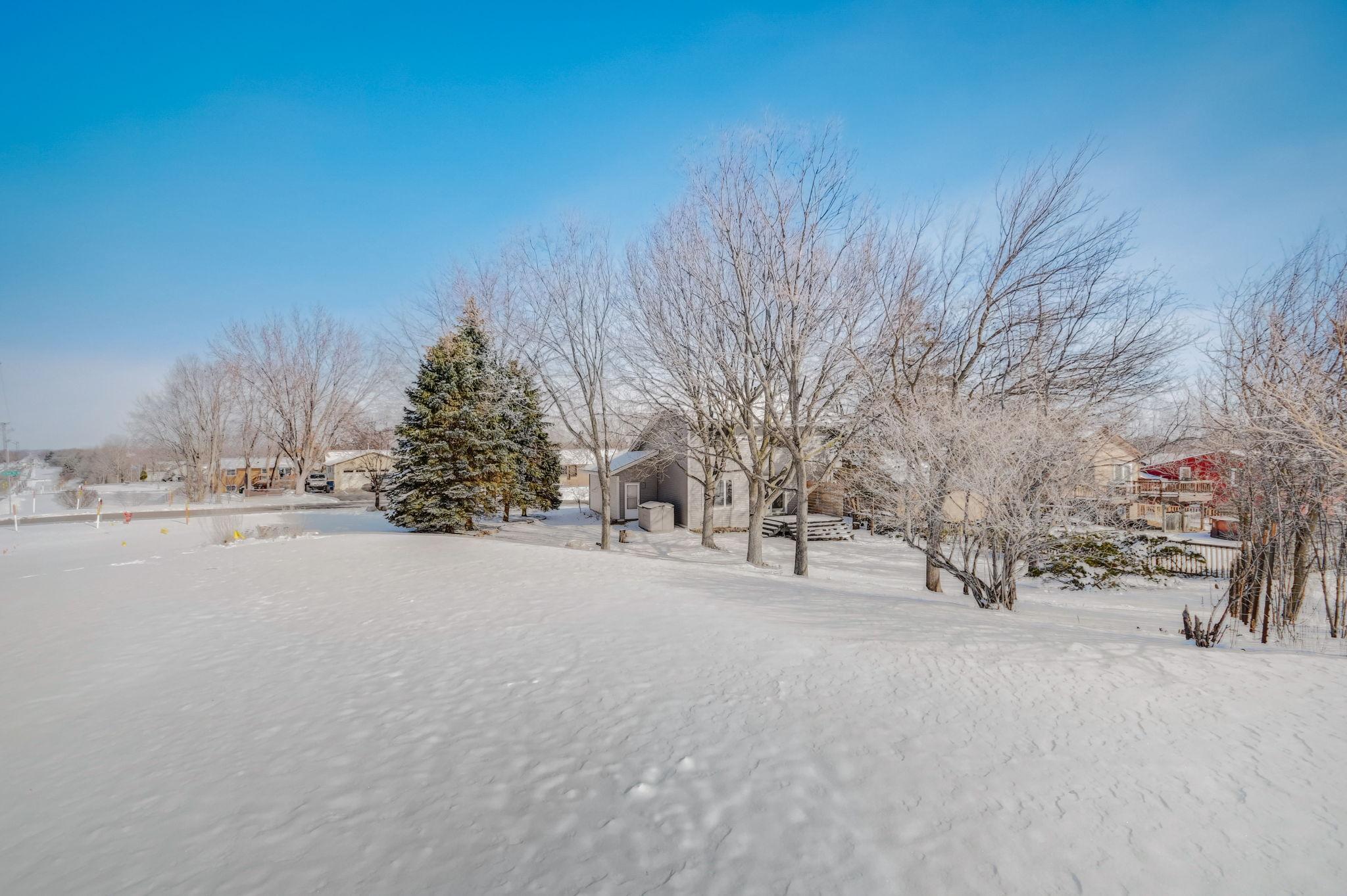 Snow-covered yard with bare trees and evergreens partly screening the house.