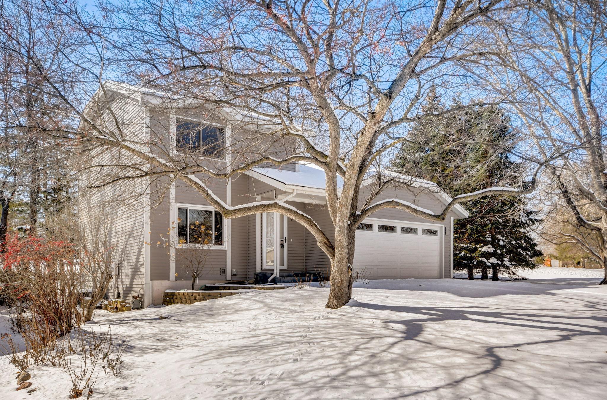 Taupe two-story house with an attached double garage behind a large leafless tree in a snowy yard.