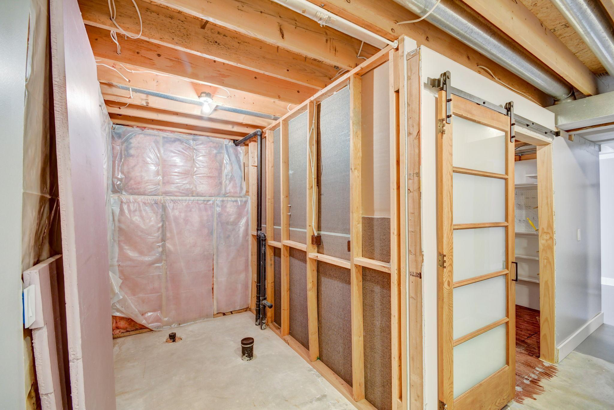 Unfinished basement with exposed framing and insulation beside a frosted-panel sliding barn door.