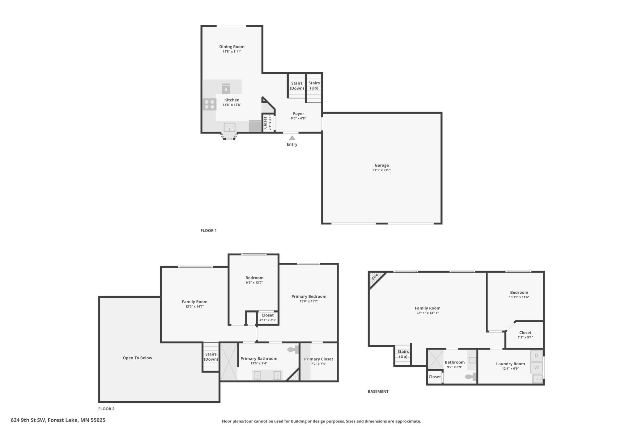 Three-level floor plan showing room layouts, dimensions, bedrooms, garage, and basement.