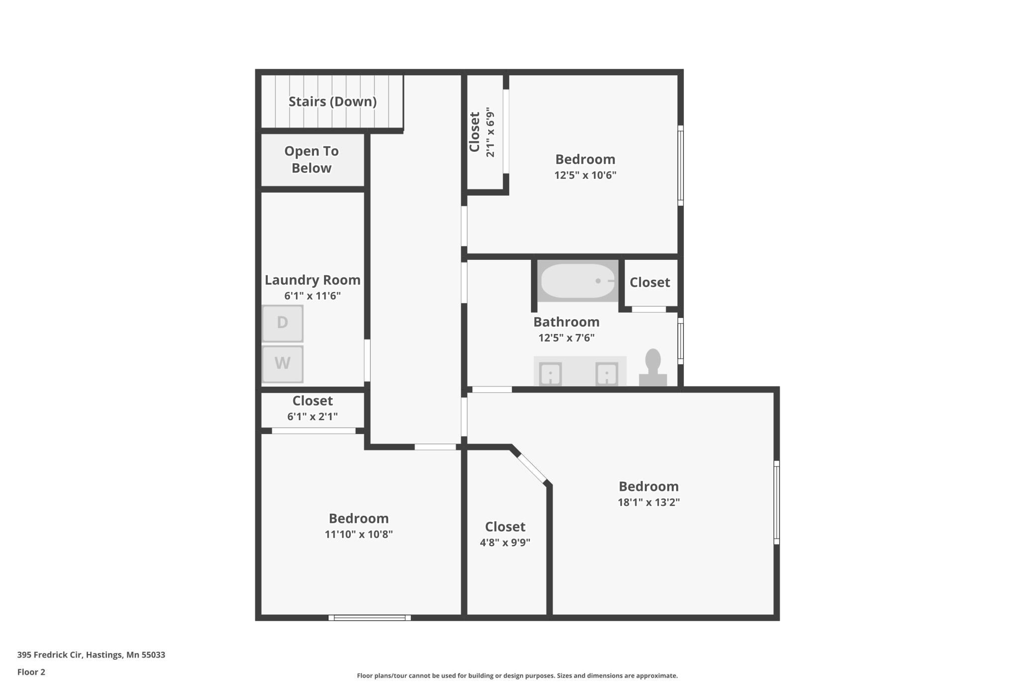 Second-floor plan with three bedrooms, a bathroom, laundry room, closets, and stairs.