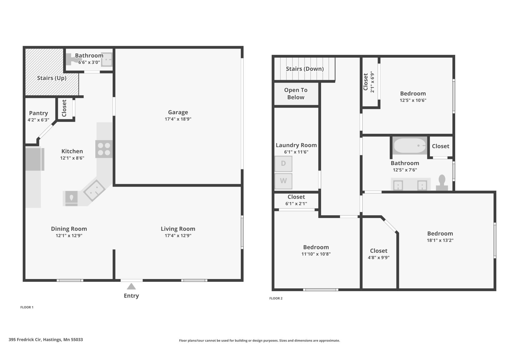 Two-story floor plan showing an open living and dining area, garage, and three upstairs bedrooms.