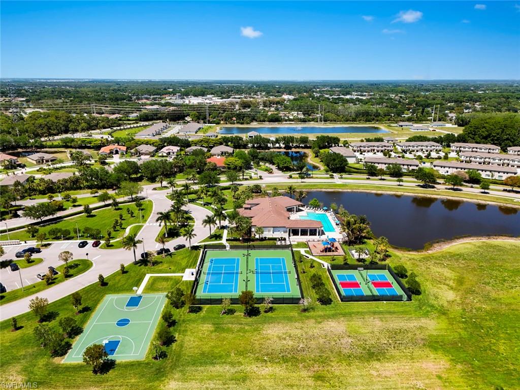 Community amenities with a clubhouse, swimming pool, tennis courts, basketball court, and pond.