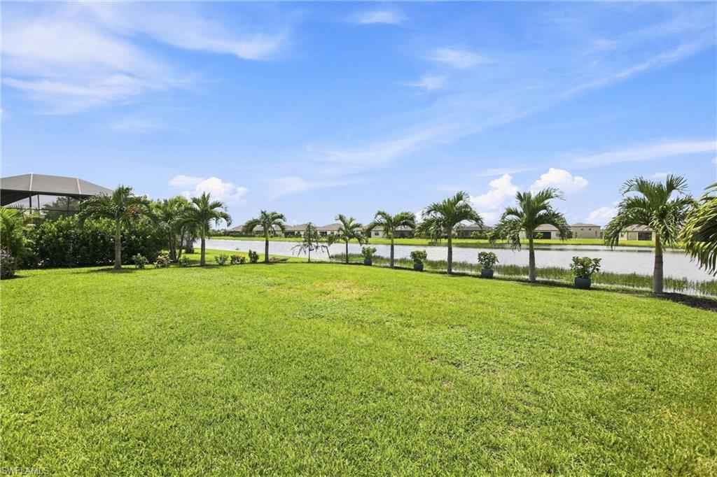 Waterfront backyard with a broad lawn, palms lining the canal, and a screened lanai.