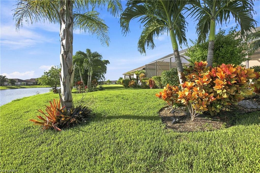 Landscaped backyard beside a lake, with palms, colorful tropical shrubs, and a screened lanai.