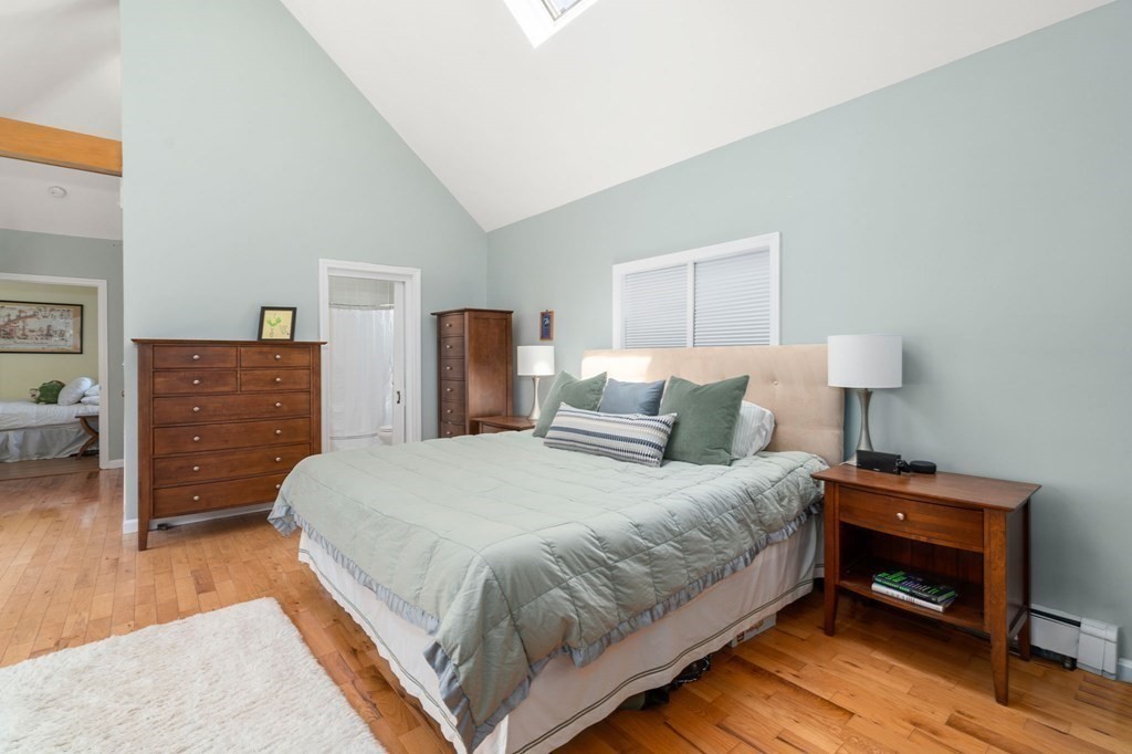 Bedroom with a large bed, hardwood floors, and a vaulted ceiling with skylight.