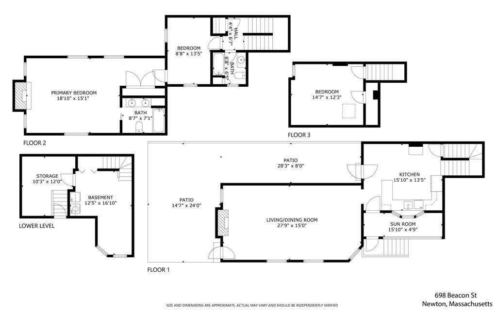 Multi-level floor plan showing three bedrooms, living and dining room, kitchen, sunroom, patios, and basement.