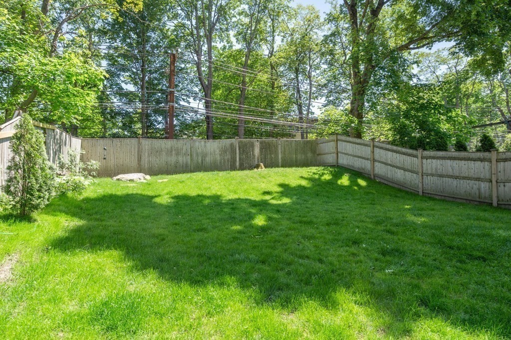 Fenced backyard with a broad green lawn, wooden privacy fence, and mature trees.