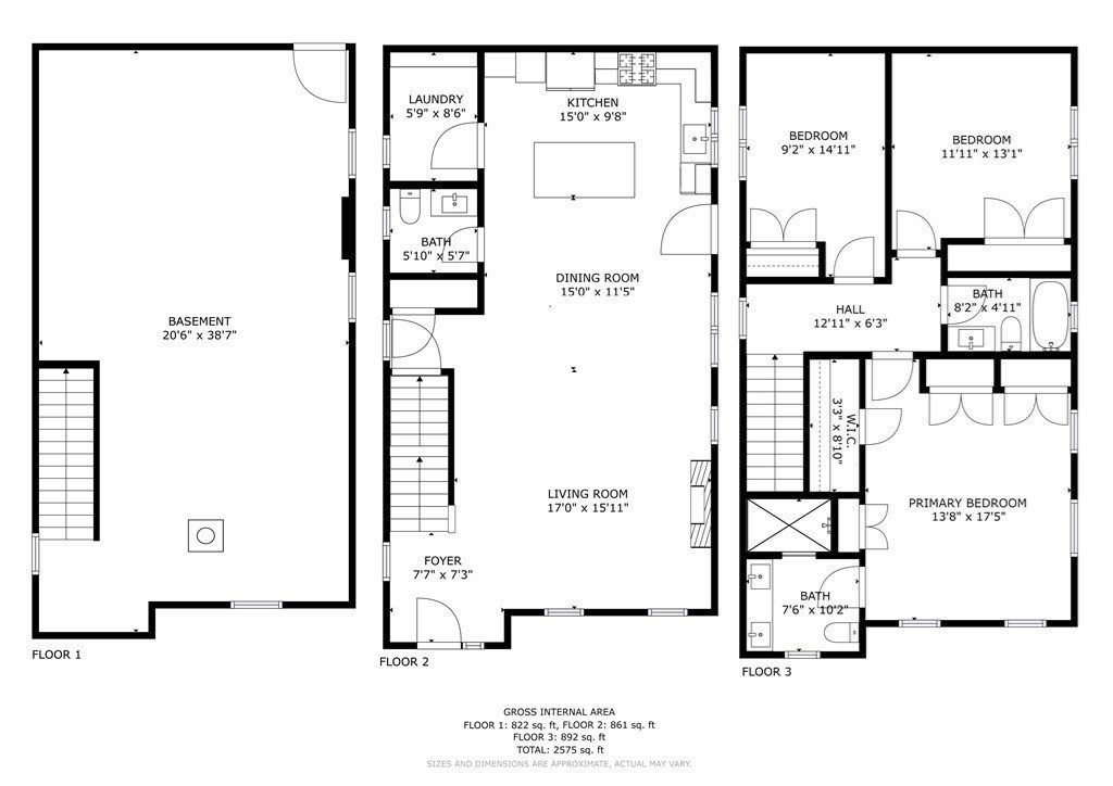 Three-level floor plan showing a basement, open living and dining areas, and three bedrooms.