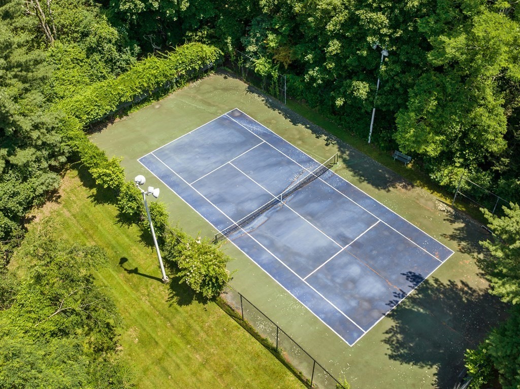 Aerial view of a tennis court surrounded by trees and lawn.