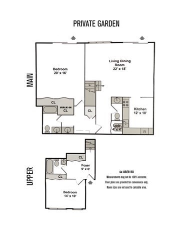 Floor plan showing two levels, two bedrooms, a living-dining room, kitchen, and private garden.
