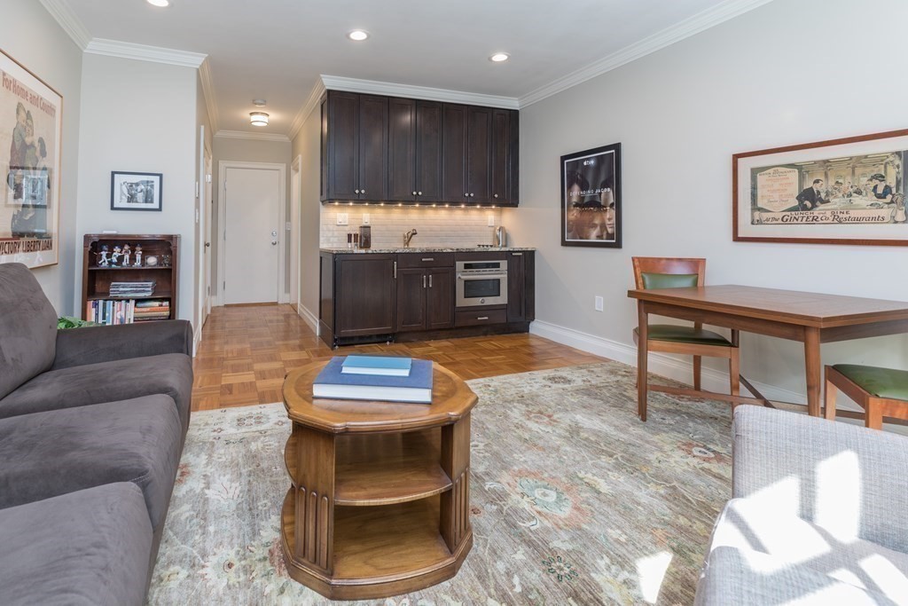 Furnished living and dining area with a compact kitchen, dark cabinetry, and patterned rug.