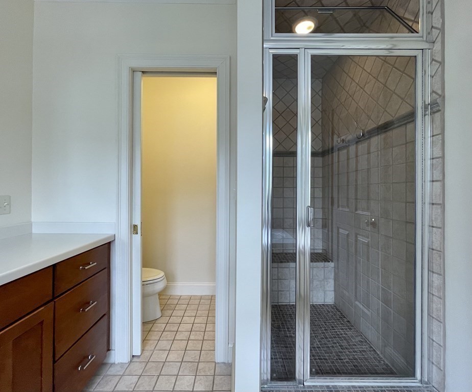Bathroom with a glass-enclosed tiled shower, dark wood vanity, and separate toilet room.