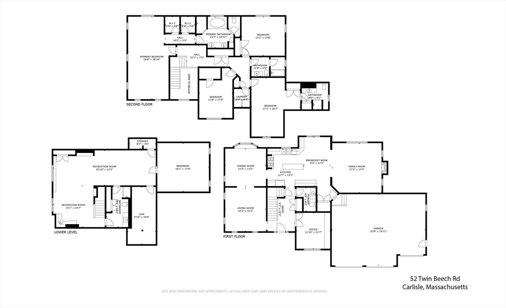 Floor plans for 52 Twin Beech Road showing the first, second, and lower levels.