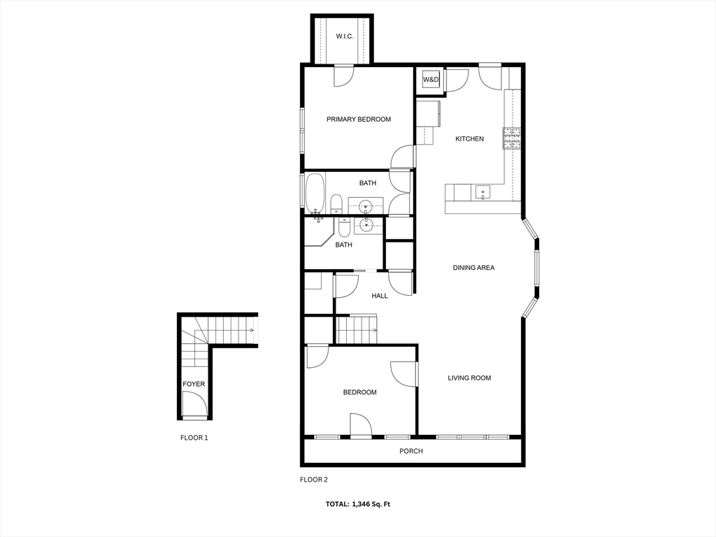 Floor plan for 56 Woodrow Ave #2 showing two bedrooms, two baths, living areas, and a porch.
