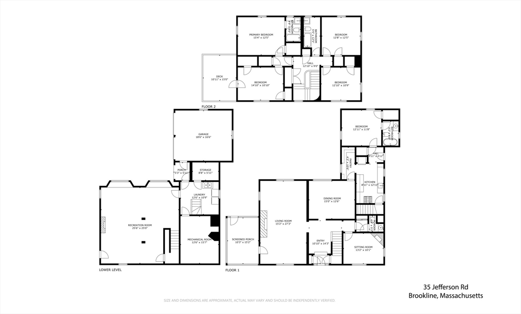 Three-level floor plan showing room layouts for 35 Jefferson Rd in Brookline.