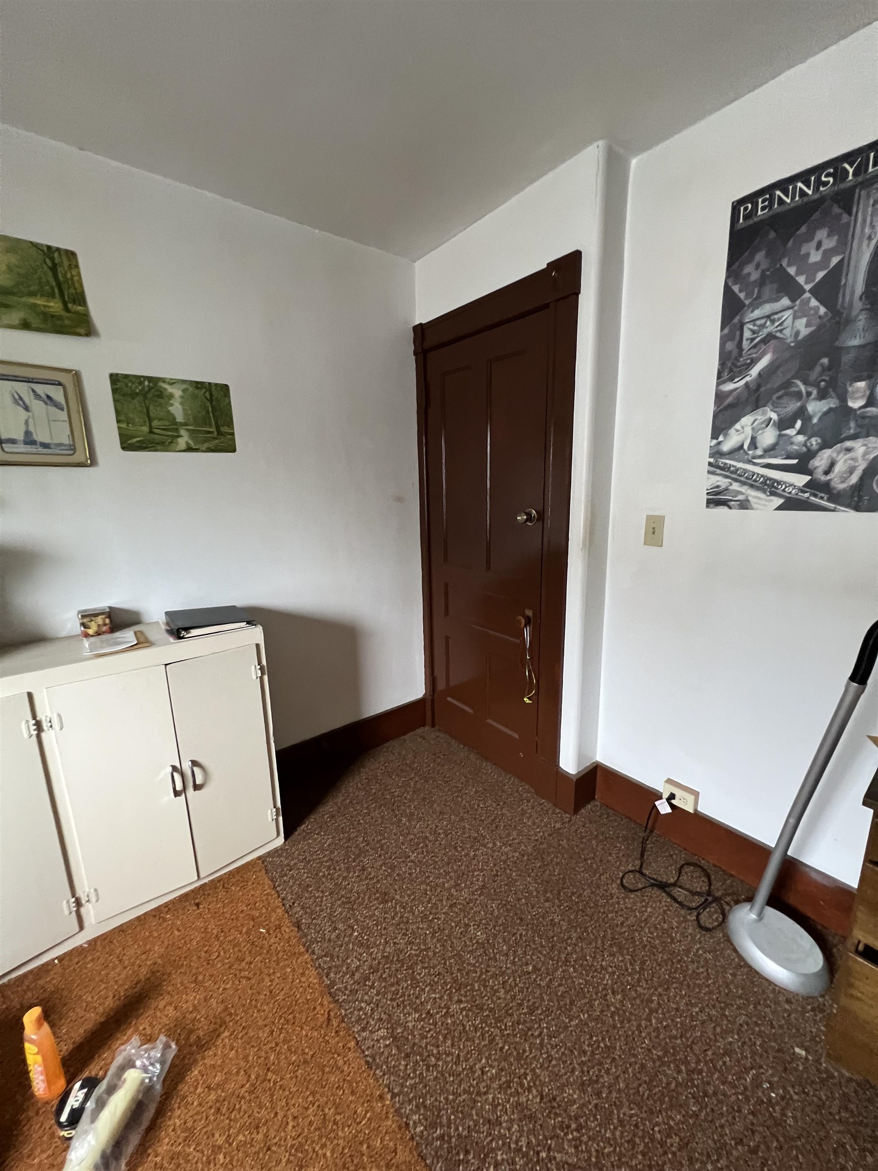 Room with a dark paneled door, brown carpeting, cream cabinet, and wall art.