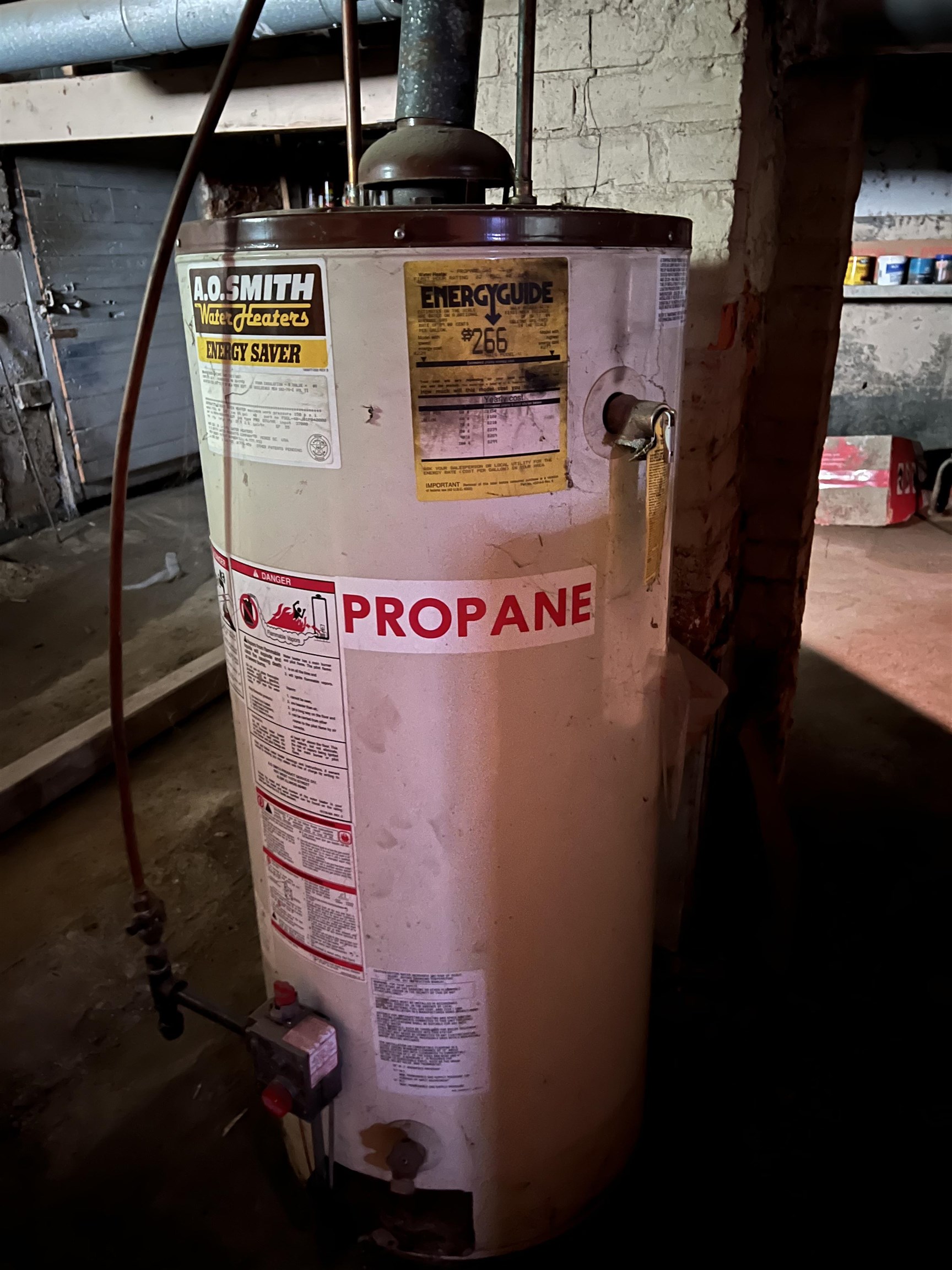 Propane water heater in a basement, with A.O. Smith and EnergyGuide labels visible.