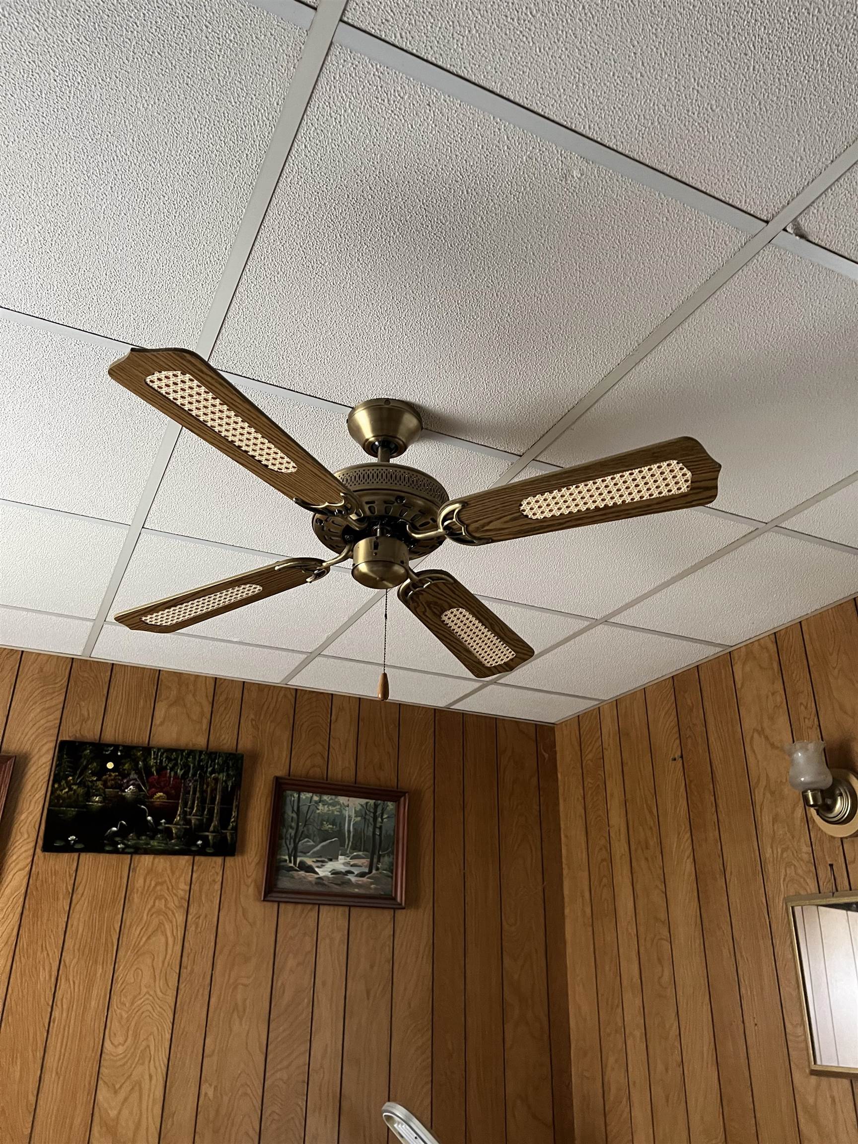 Four-blade ceiling fan with woven inserts above wood-paneled walls and framed artwork.