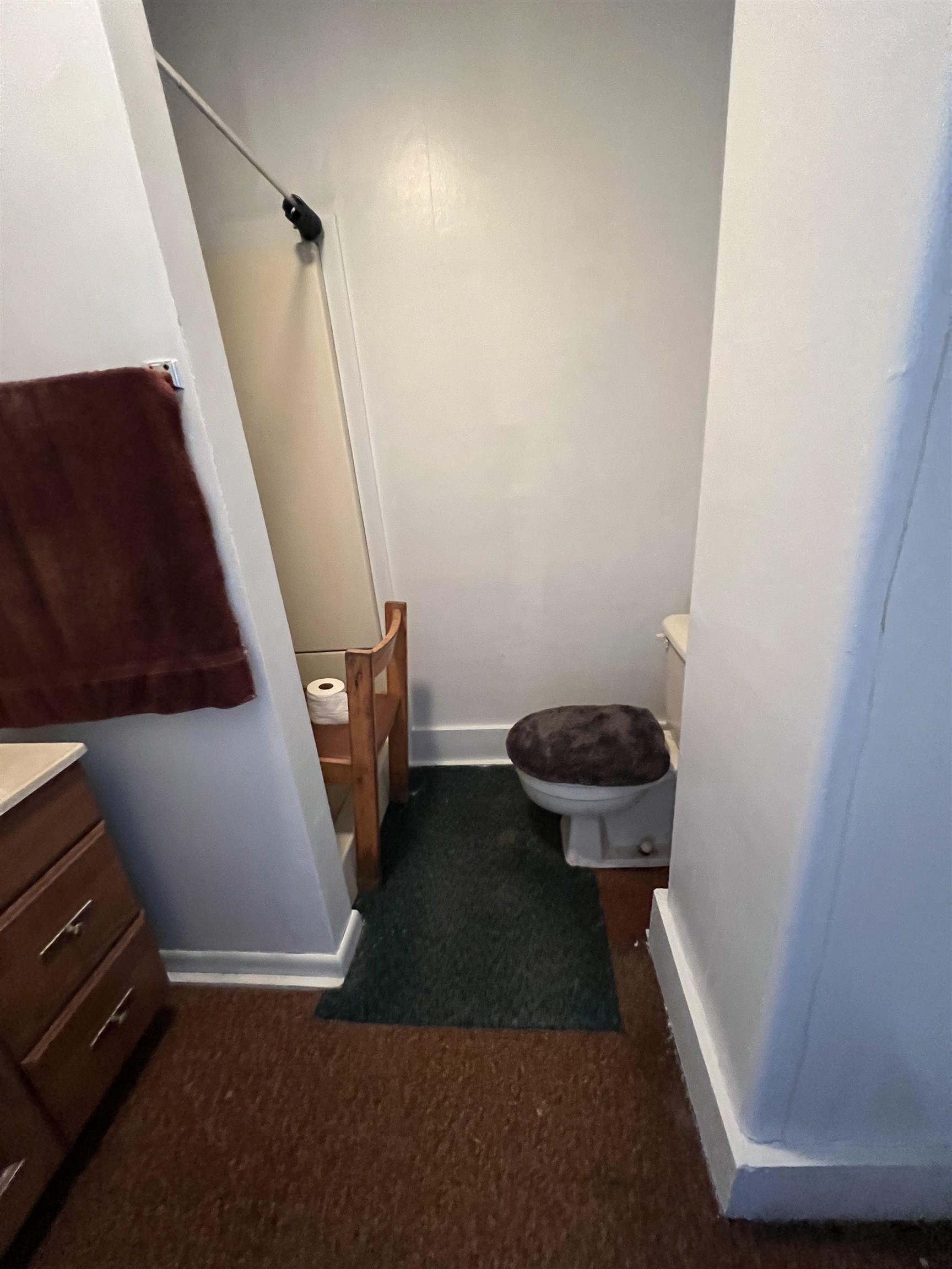 Narrow bathroom with a toilet, dark floor mat, and wooden toilet-paper stand.