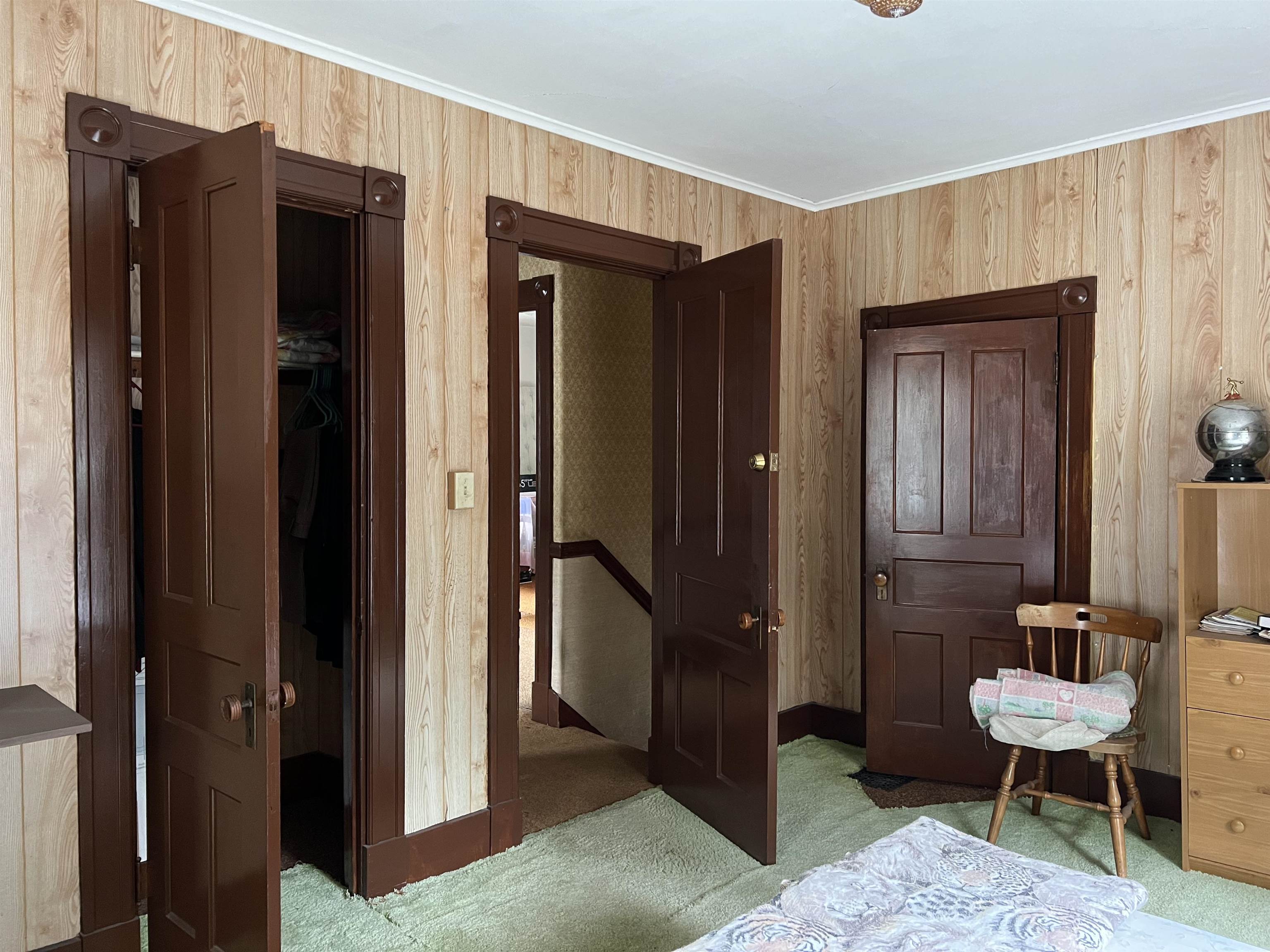 Bedroom with wood-patterned walls, dark paneled doors, green carpet, and an open closet.