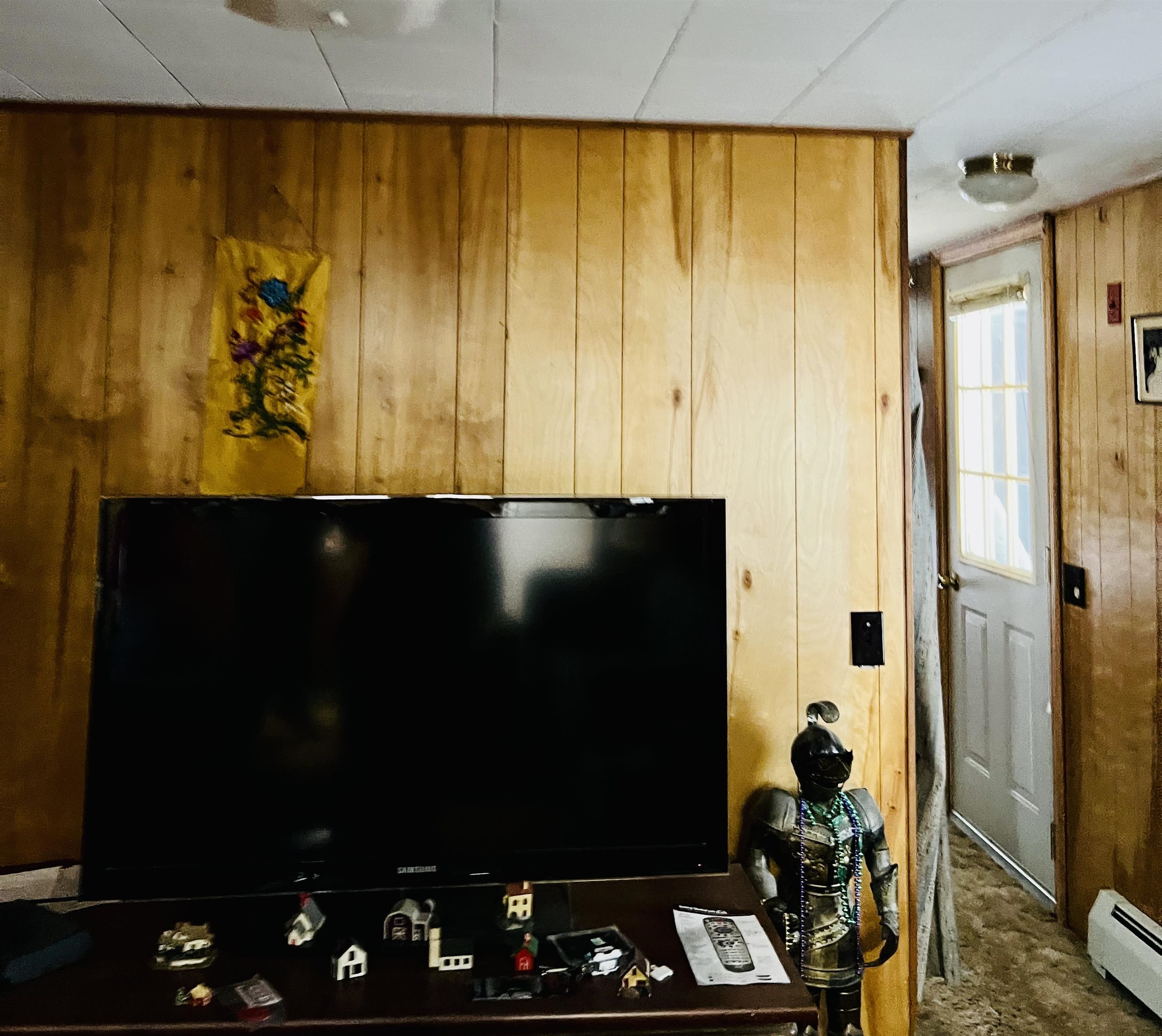 Wood-paneled living room with a large television, decorative objects, and a hallway to the exterior door.