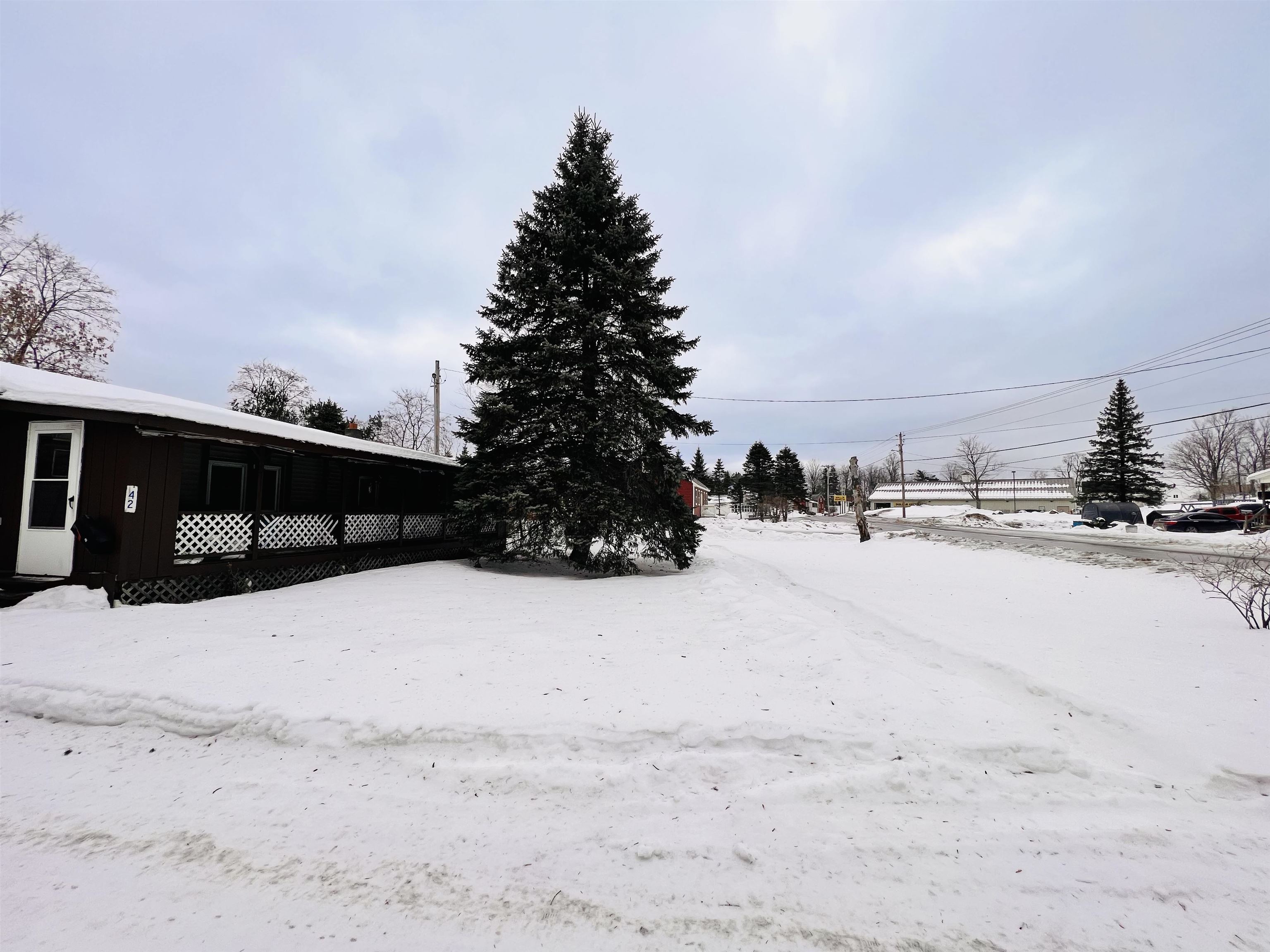 Dark-sided home with a long covered porch and tall evergreen in a snow-covered yard.