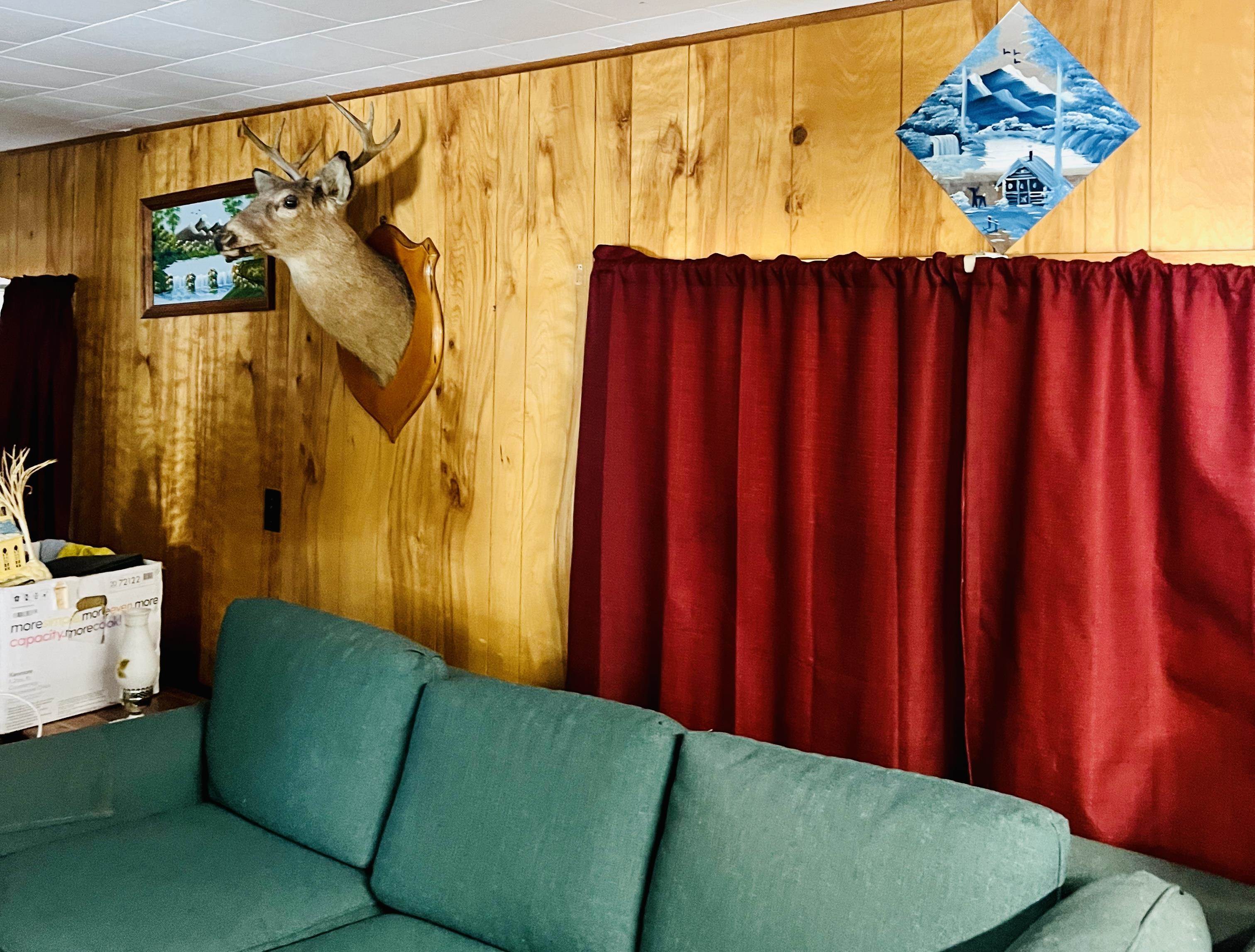 Living room with a teal sectional, red curtains, wood paneling, and a mounted deer head.