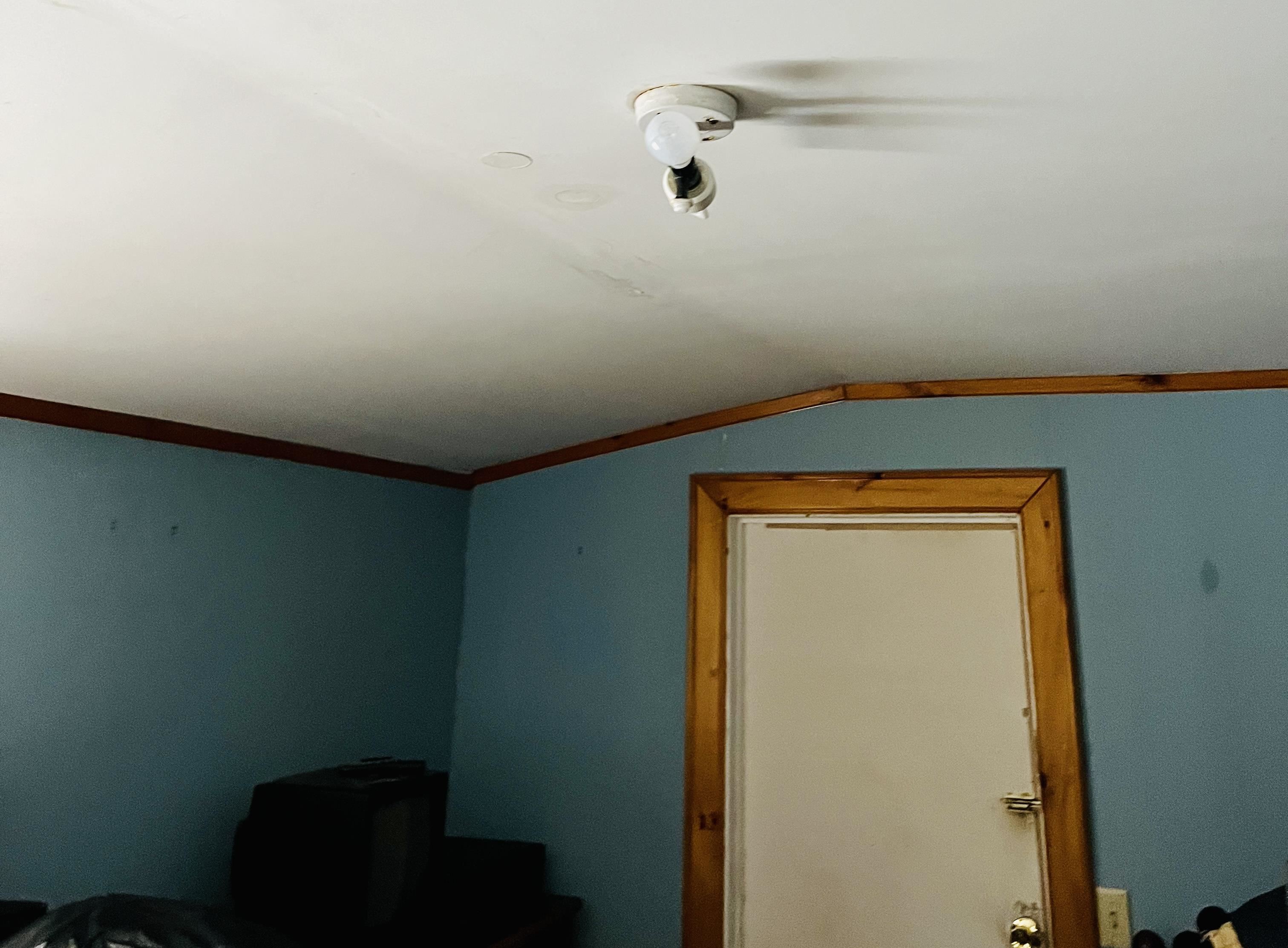 Room with blue walls, wood trim, a white door, and a ceiling light fixture.