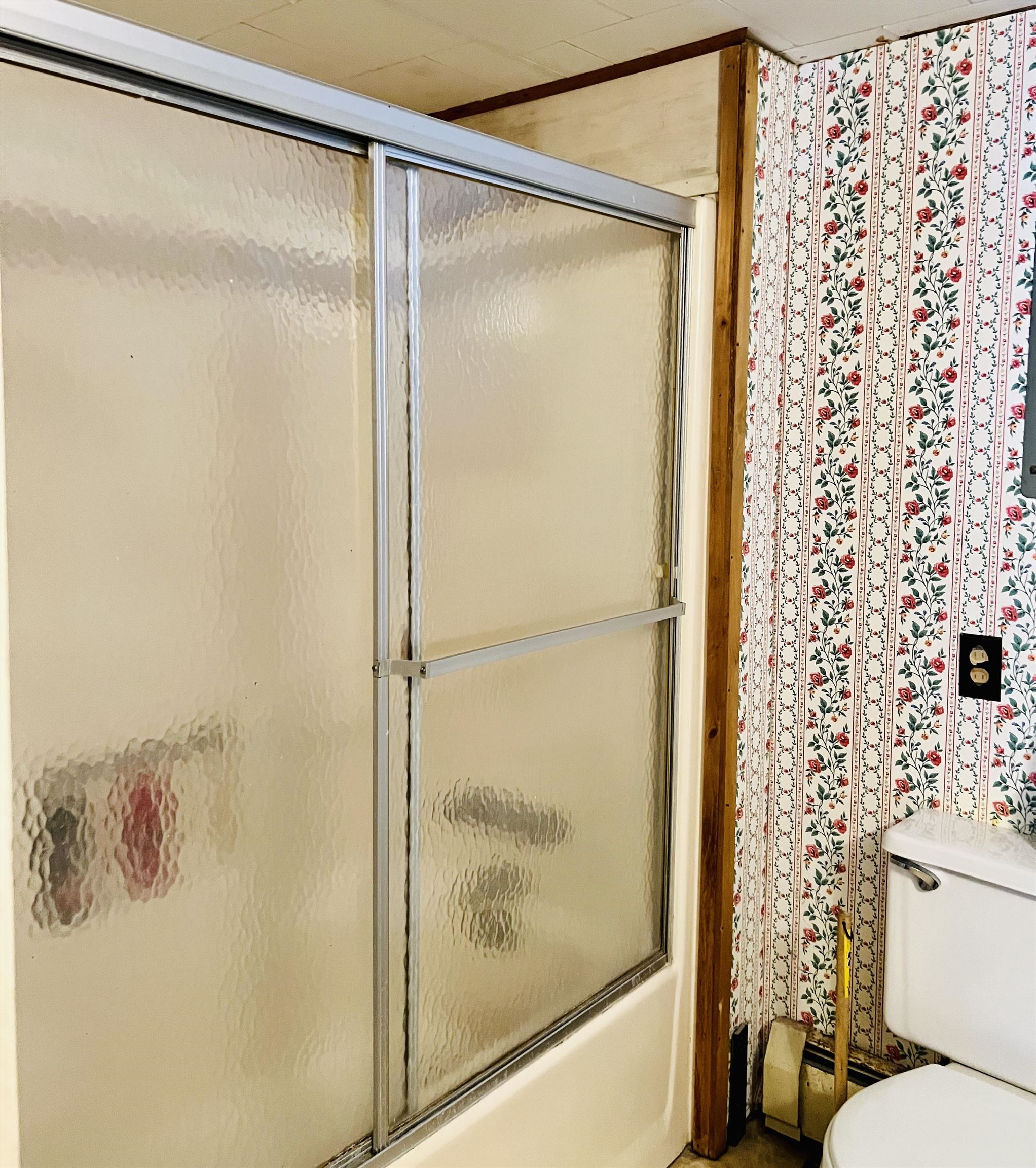 Bathroom with a frosted-glass sliding shower and red floral wallpaper.