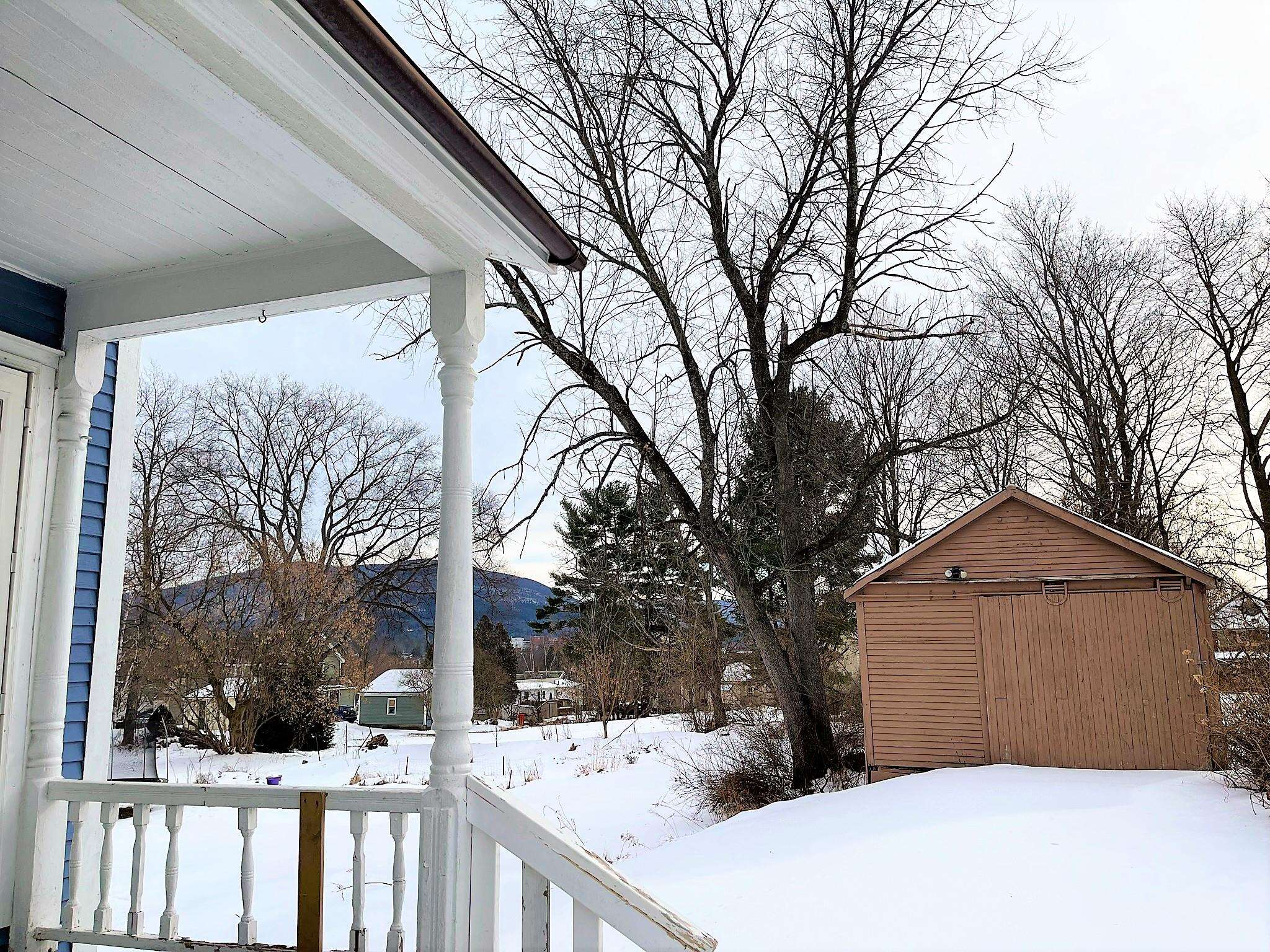 Snowy yard and brown shed viewed from a white porch, with a mountain beyond the bare trees.