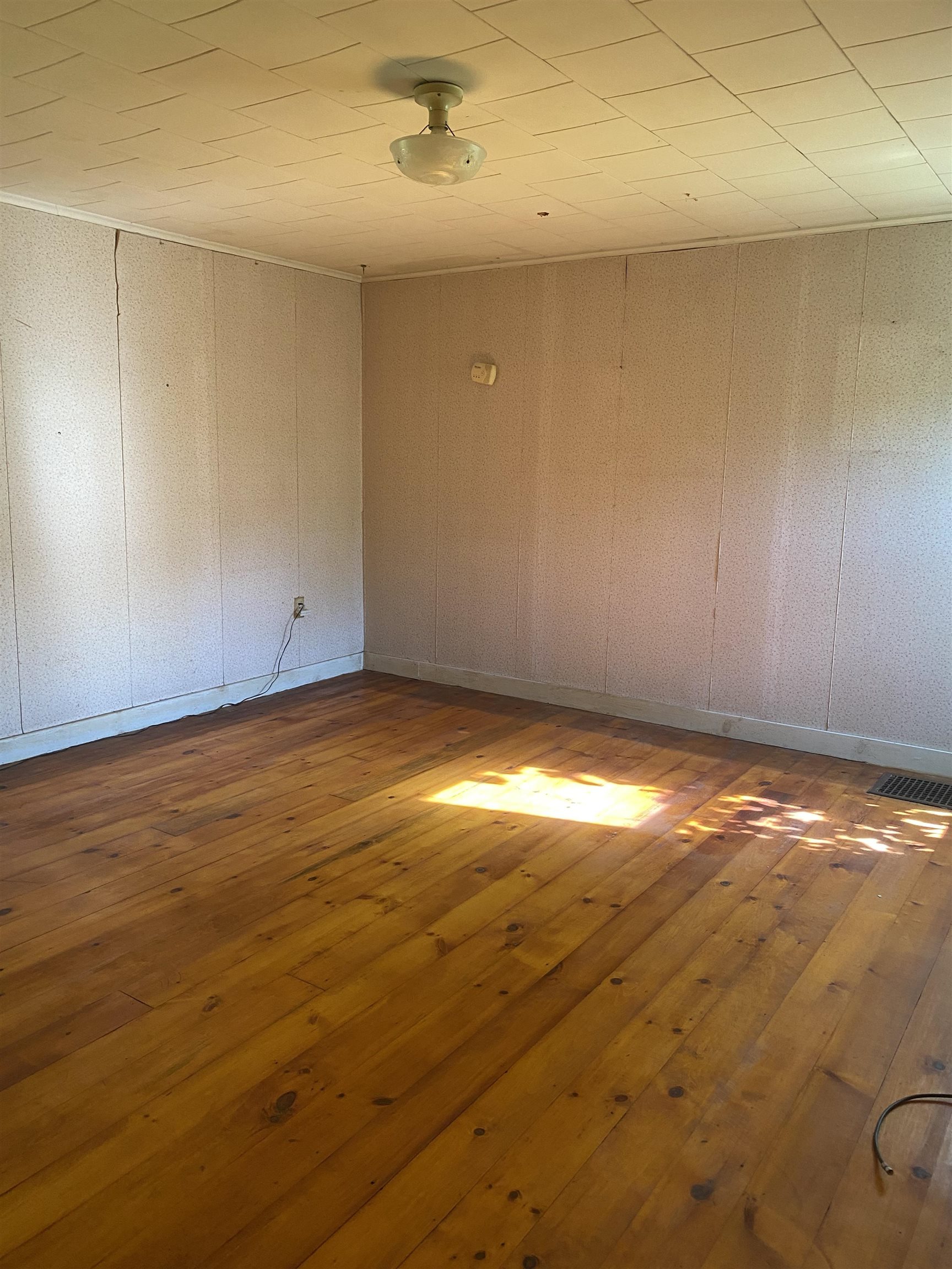 Empty room with wide-plank wood floors, paneled walls, and sunlight across the floor.