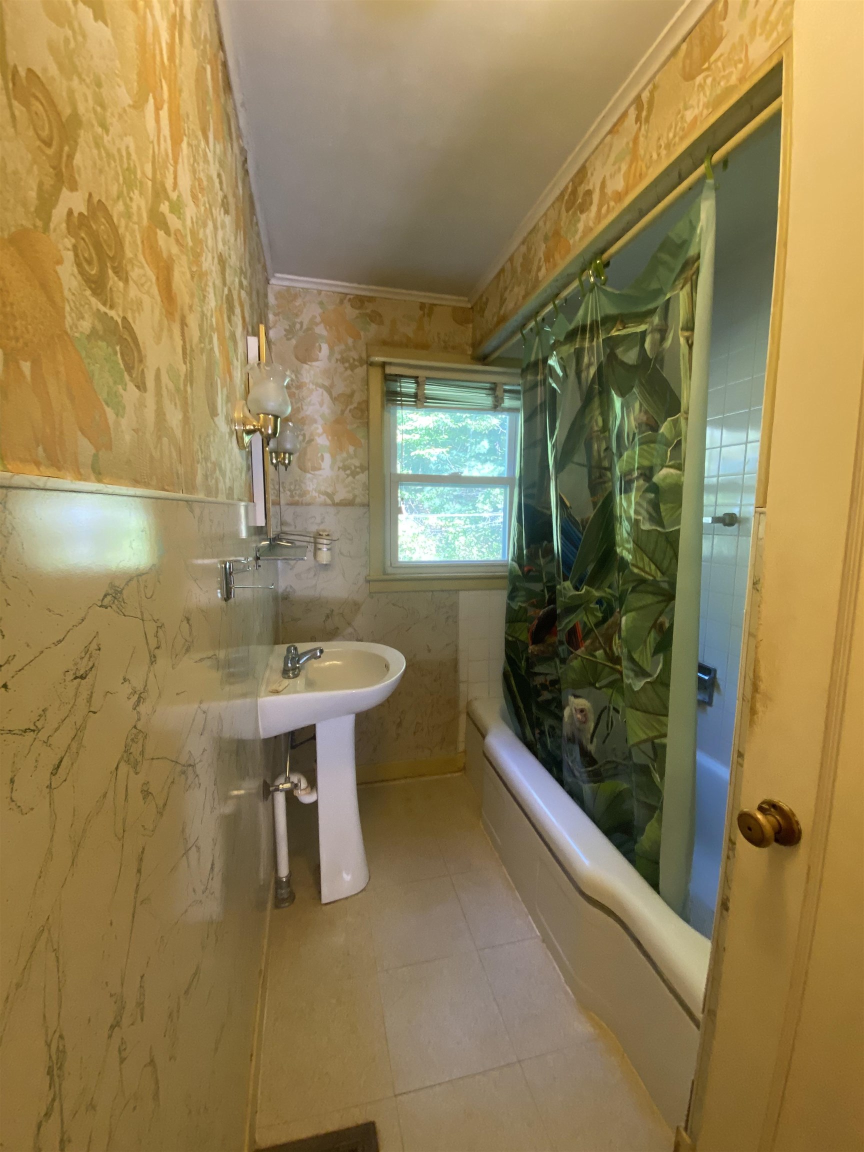 Narrow bathroom with a pedestal sink, bathtub, and tropical-leaf shower curtain.