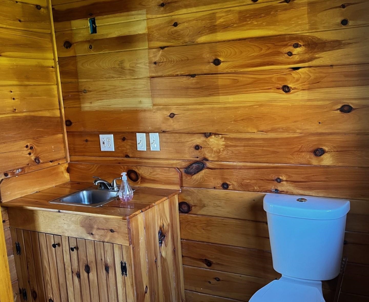 Wood-paneled bathroom with a wooden vanity, stainless-steel sink, and white toilet.