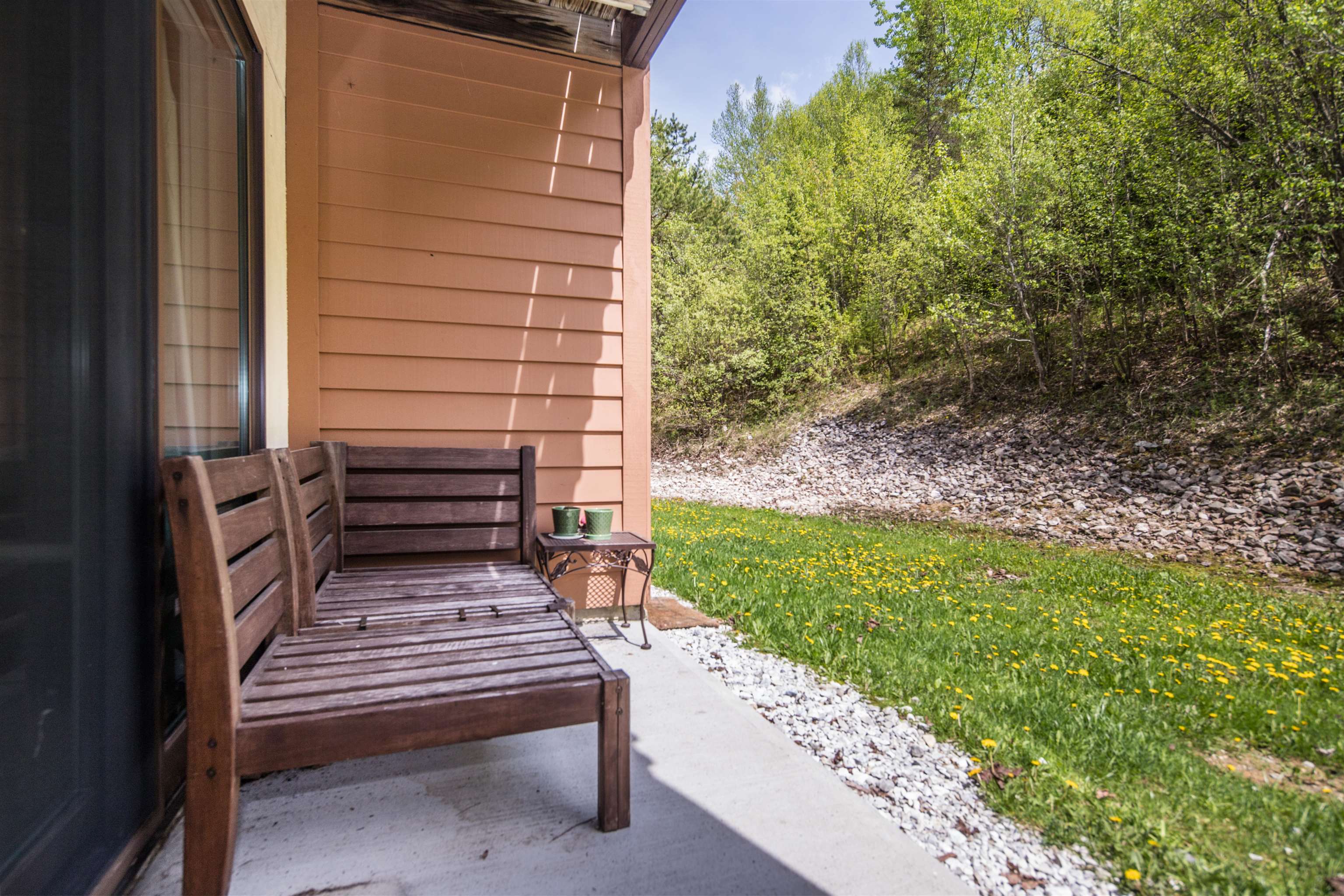 Patio with a wooden bench and table beside a dandelion-dotted lawn and wooded slope.